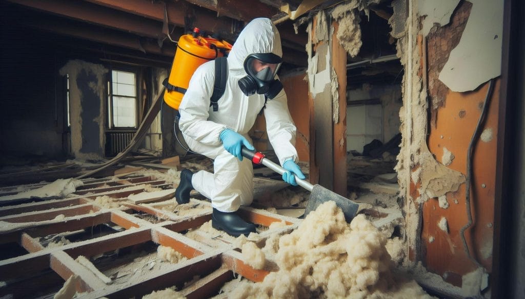 Asbestos Abatement Worker in Protective Gear Removing Insulation